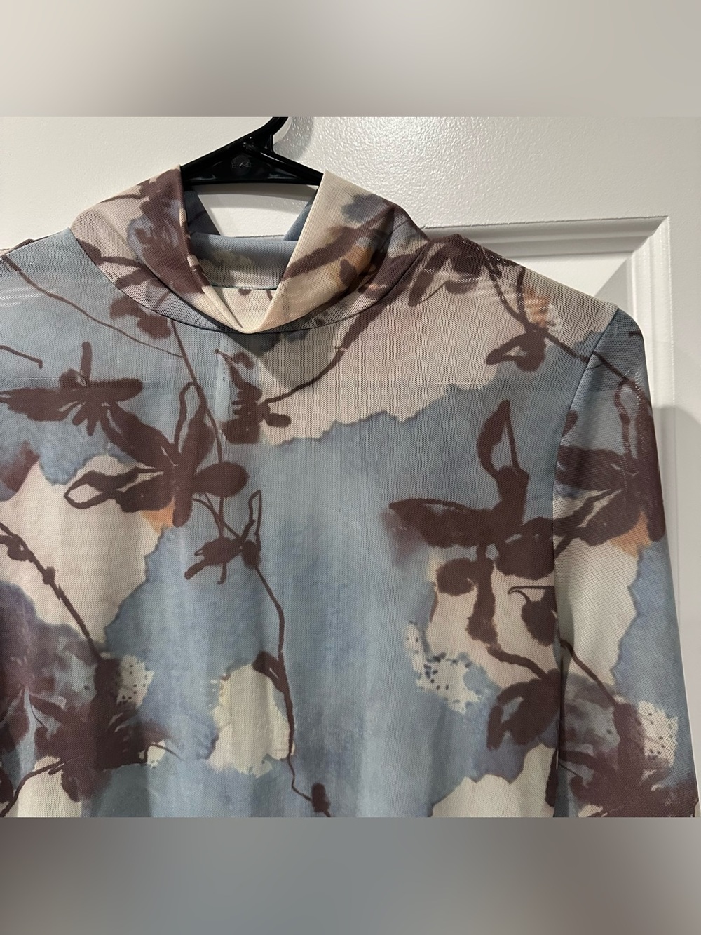 Anthropologie Blue Floral Sheer Mesh Mock Neck Long Sleeve Top Medium - Picture 4 of 7